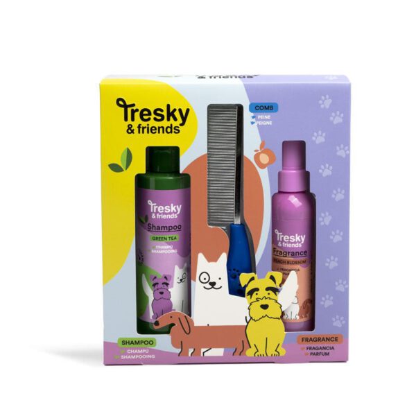 Set de baño mascotas en pack regalo 3 piezas Tresky & Friends